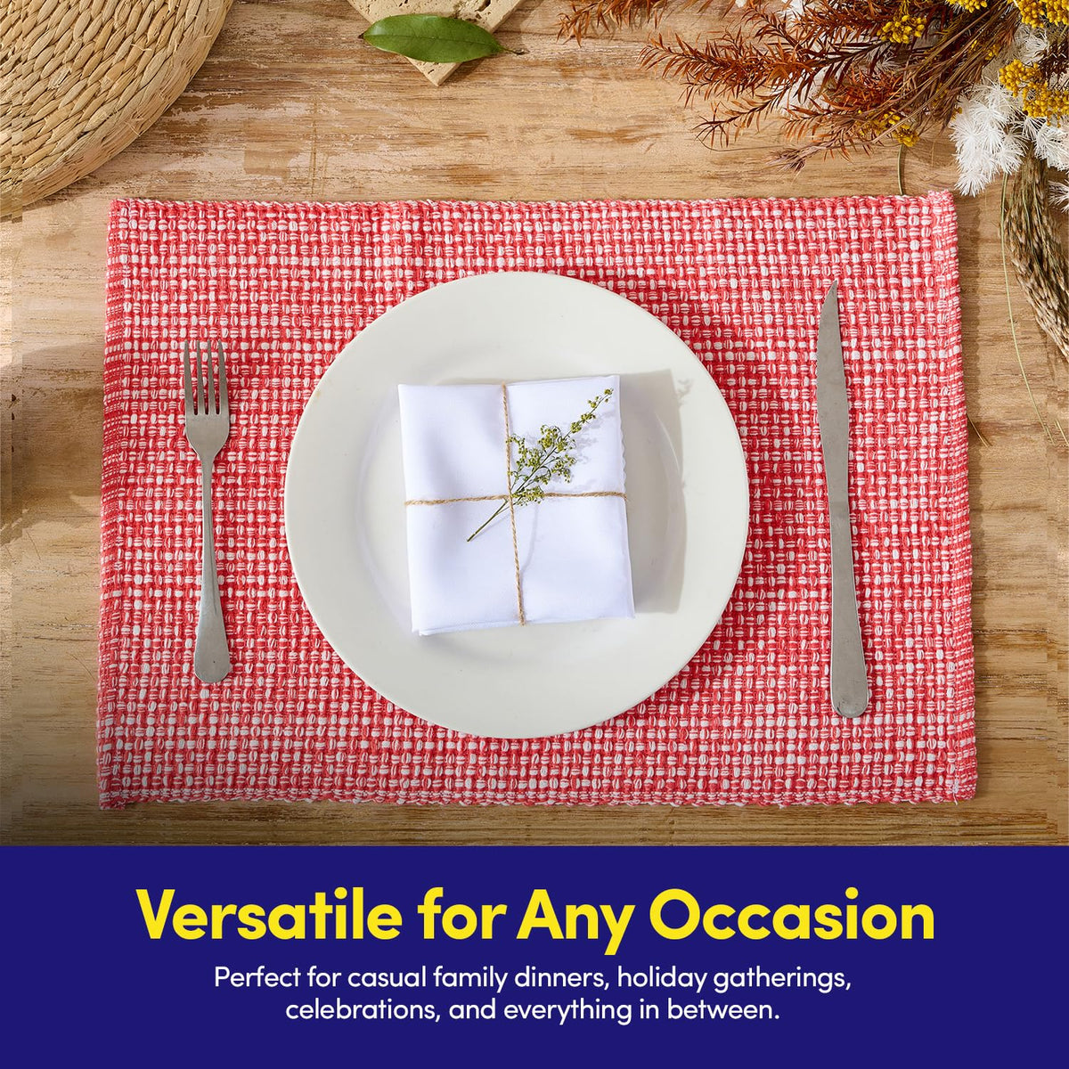 100% Cotton Placemats Rectangle Two Tone Woven Fabric 13" x 19" Soft Durable Table Mat Set, Set of 4, Pink