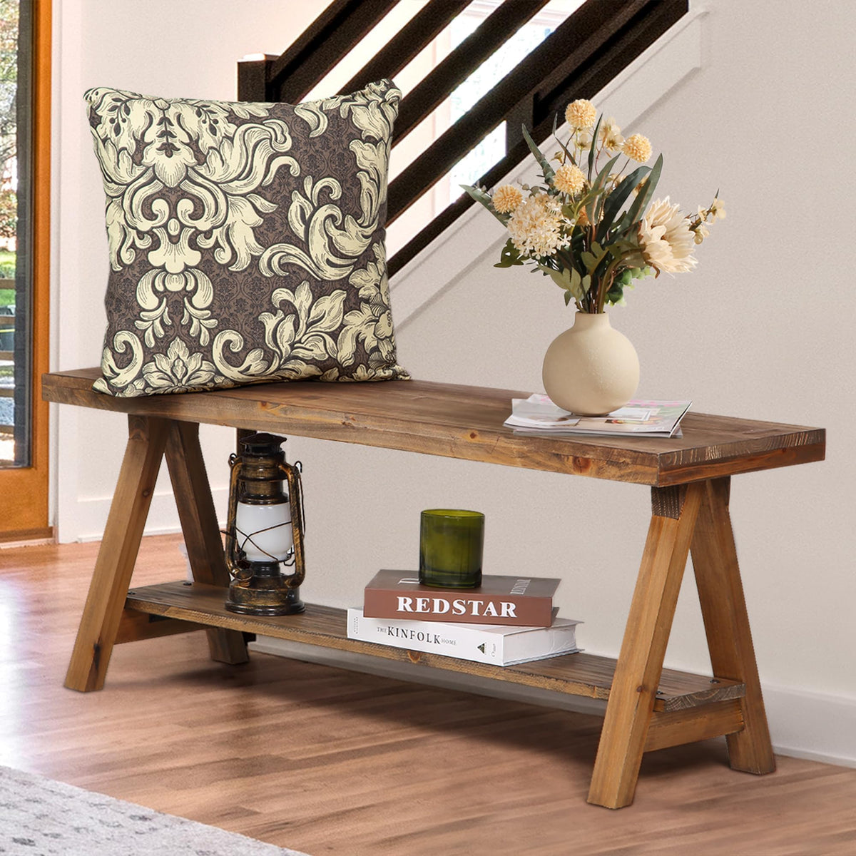 43" Farmhouse Solid Wood Bench, Rustic Indoor Storage Bench