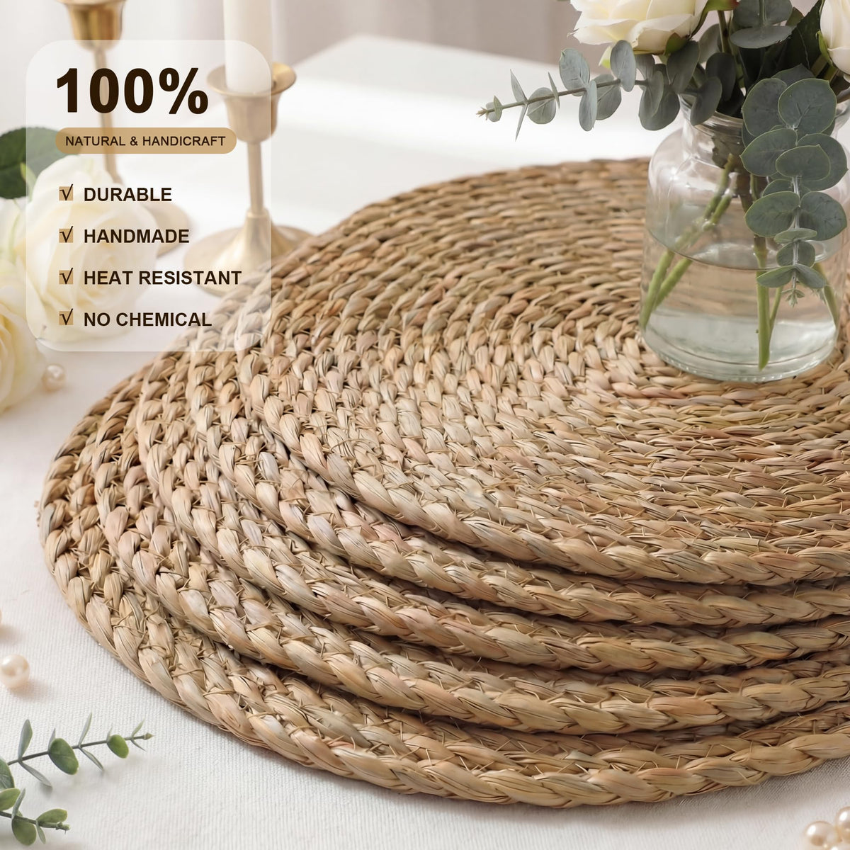 Round Woven Placemats 6PCS 13.5in Rattan Chargers Wicker Place mats