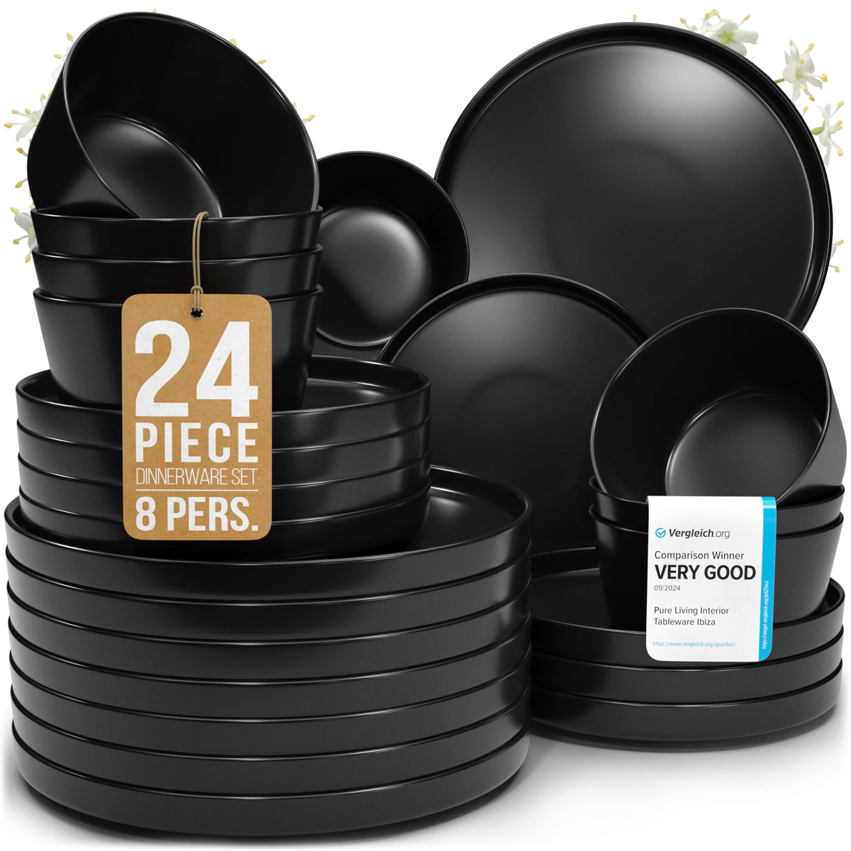 24 Piece Black Dinnerware Set for 8, Stoneware Black Plates and Bowls Set