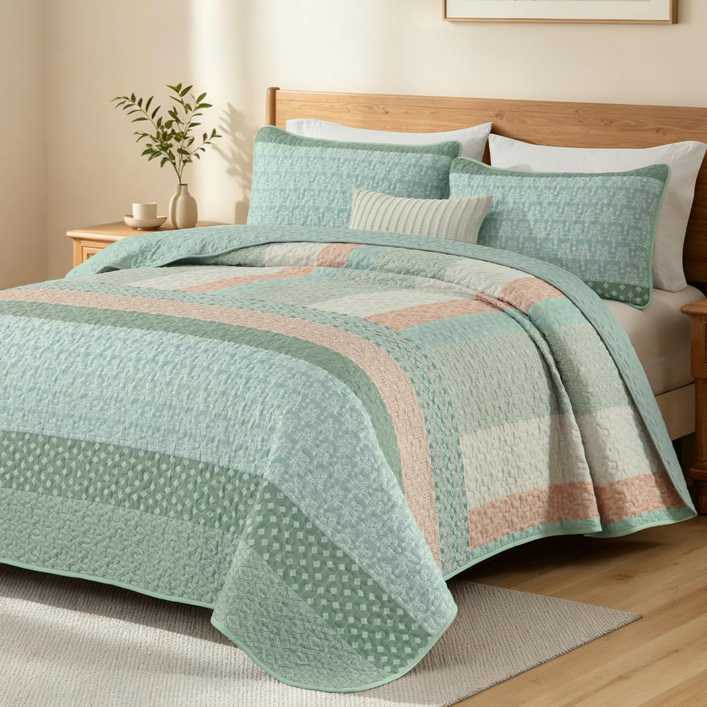 Quilt Set, Boho Stripe Bedspread, Vintage Green