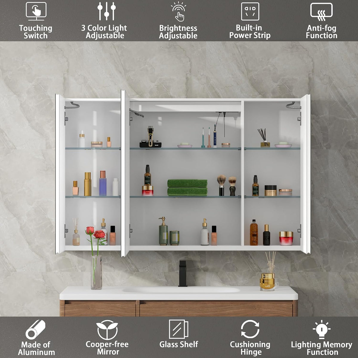 LED Medicine Cabinet with Mirror , Assembly-Free Lighted Medicine Cabinet, Defog, Stepless Dimming, 3 Colors, 2