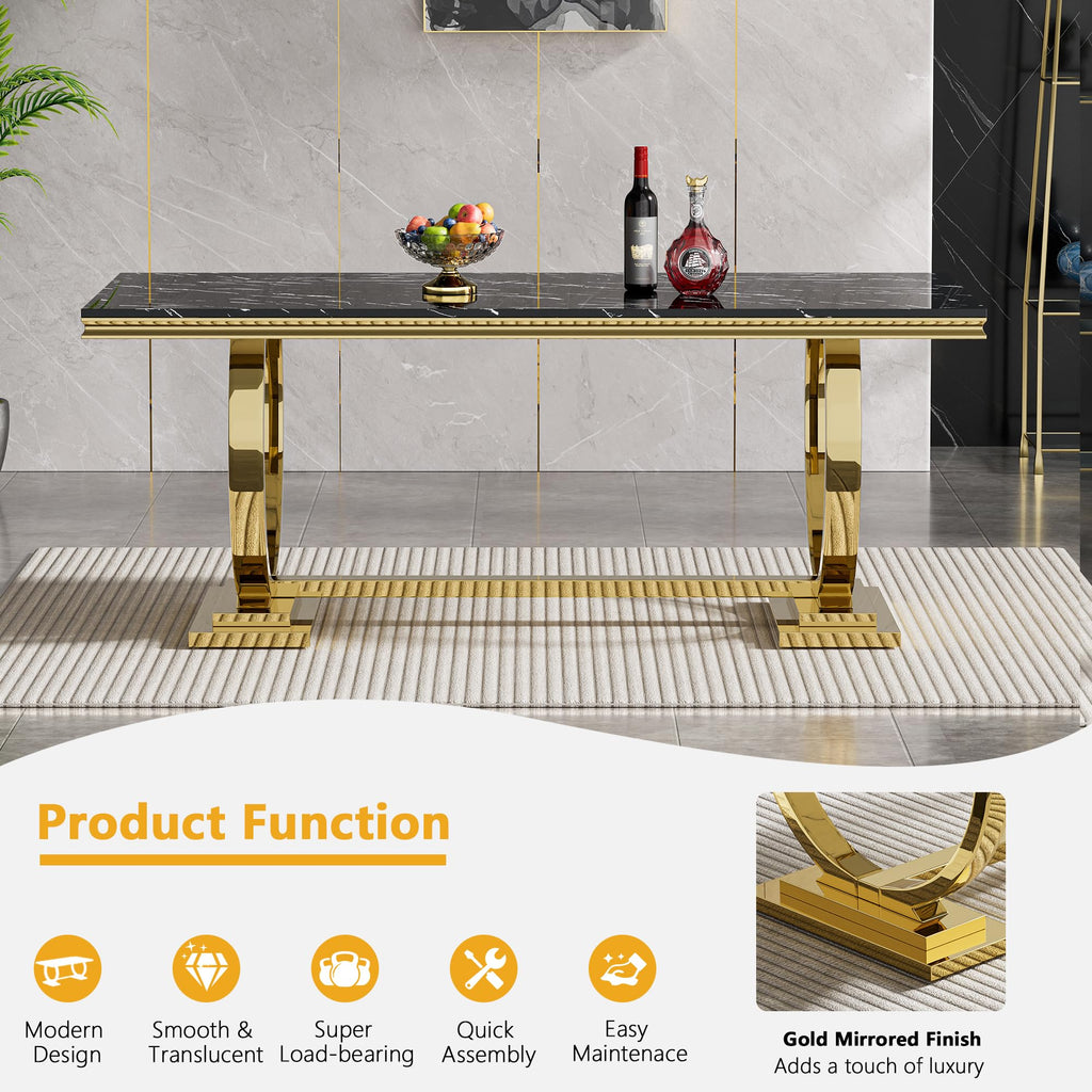 Inspired Saarinen Style 68" Black Marble Dining Table for 6 to 8 Person, Large Rectangular Faux Marble Tabletop & Gold O Shape Pedestal Base