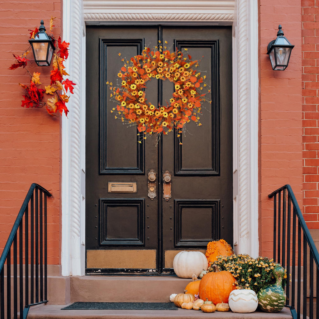Fall Wreath 24'' Autumn Harvest Daisy Wreath with Orange Eucalyptus Foam Leaves Grain Daisies Berries for Outside