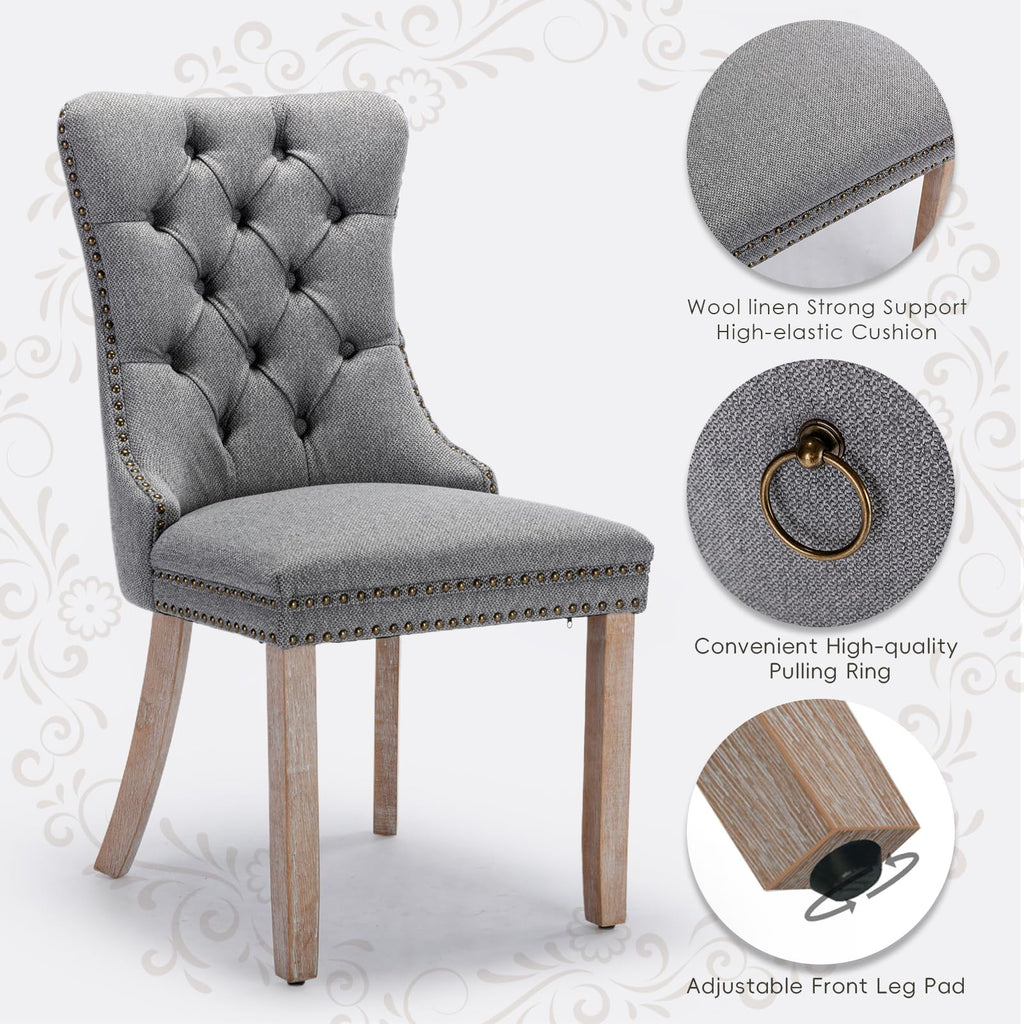 Linen Upholstered Set of 2, Modern Style Kitchen Side Chairs with Nailhead Trim and Wood Leg, Metal Pulling Ring
