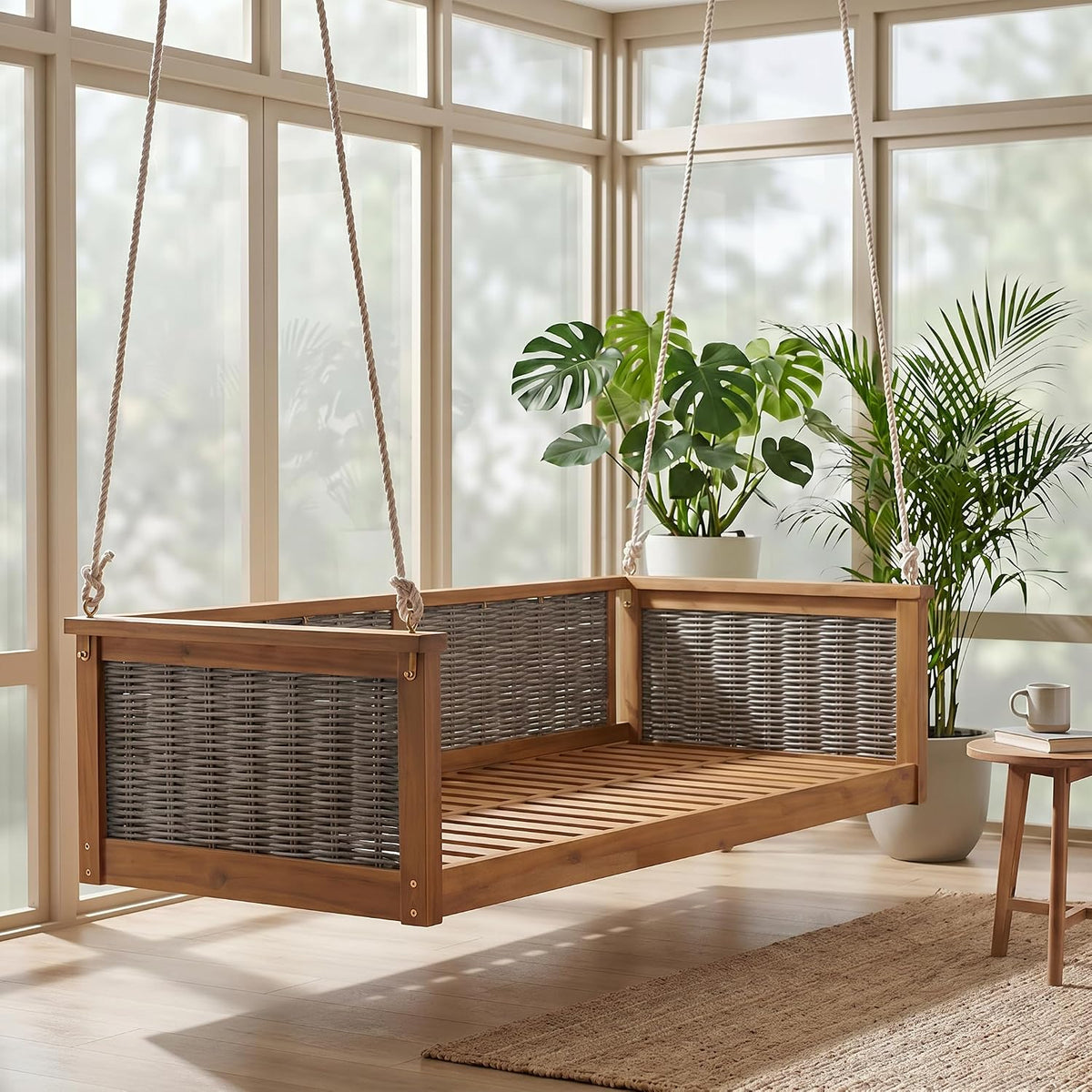 Twin Size Porch Swing Bed, Acacia Wood Outdoor Hanging Daybed with Hemp Rope, Rattan Swing Bench , Backyard, Garden