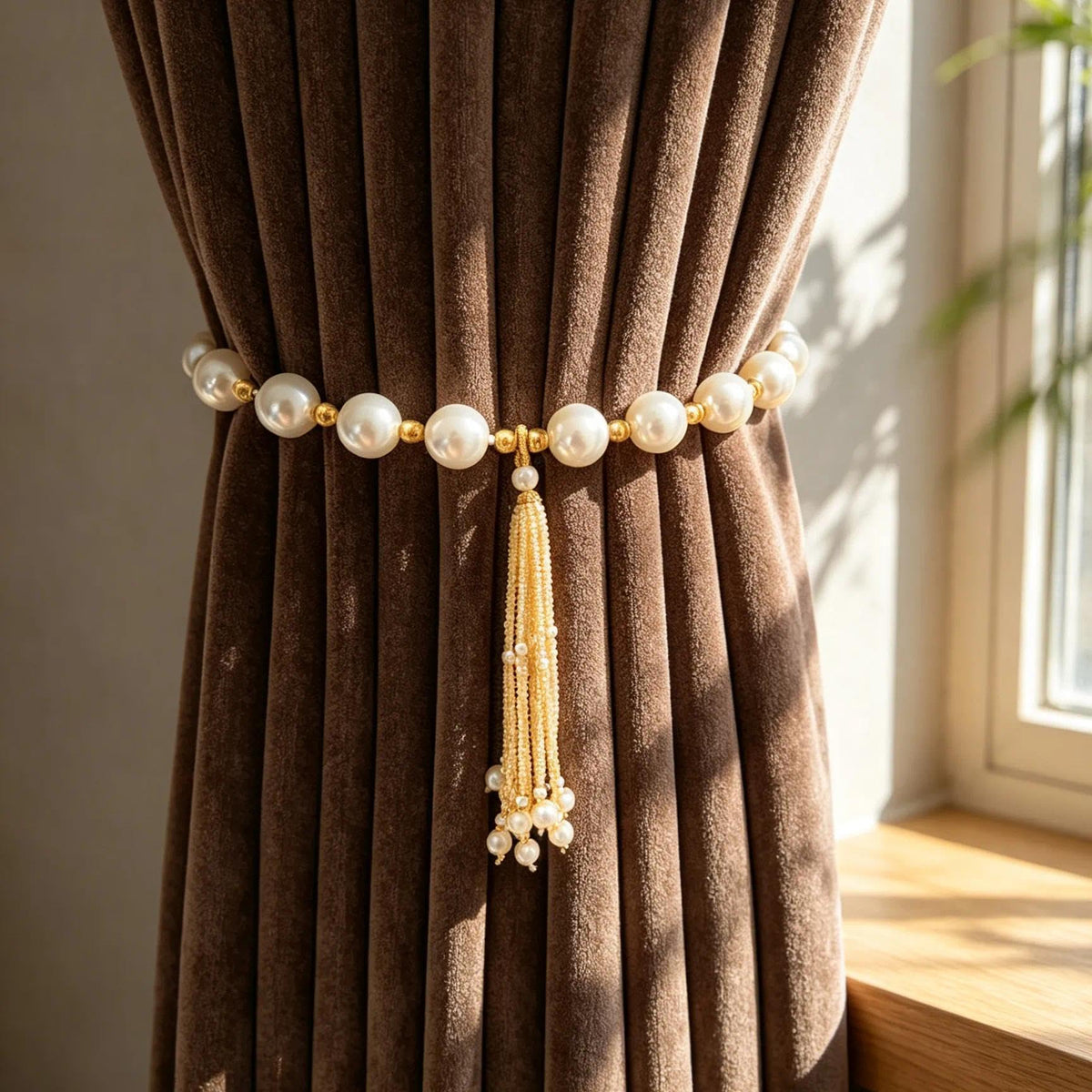 15Inch Magnetic Curtain Ties Faux Pearl Gold Tassel No Drill Style14 - 2 Pack