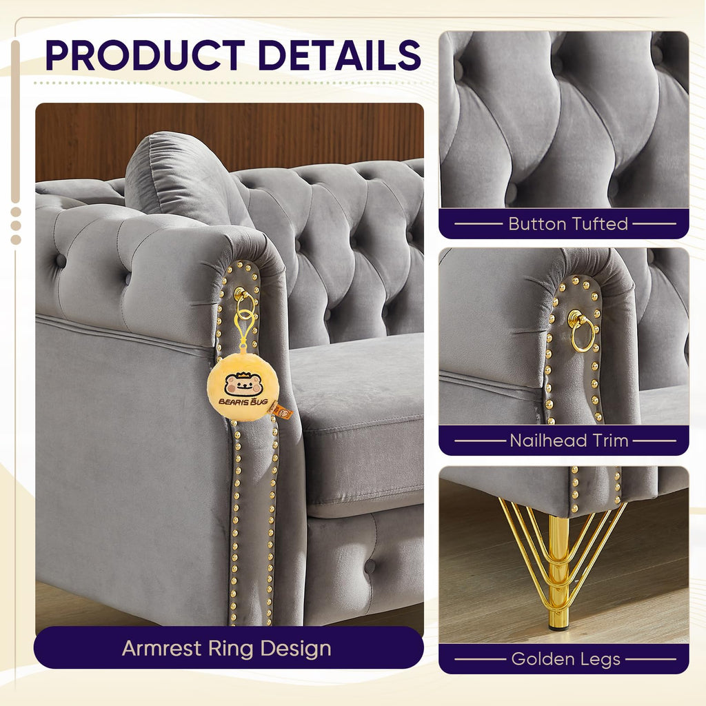 3 Piece Chesterfield Sofa Set with Armrest Ring(37"W+60.5"W+82"W, Grey)