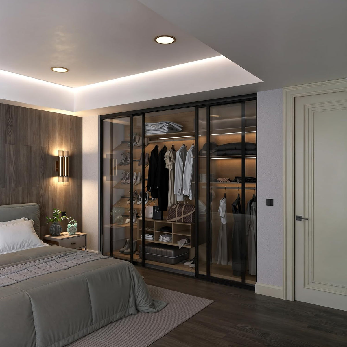 Door55 4 Panel Glass Sliding Closet Doors with Aluminum Frame, Silent Glide Technology, Bedroom Closet Doors (Clear