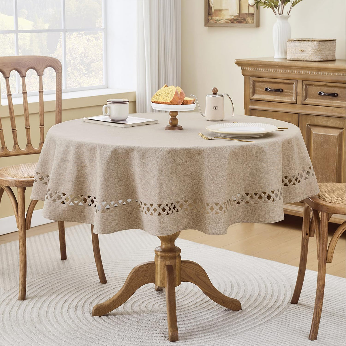 Coffee Round Linen Tablecloth with Lattice Cutwork, 55 inch Round