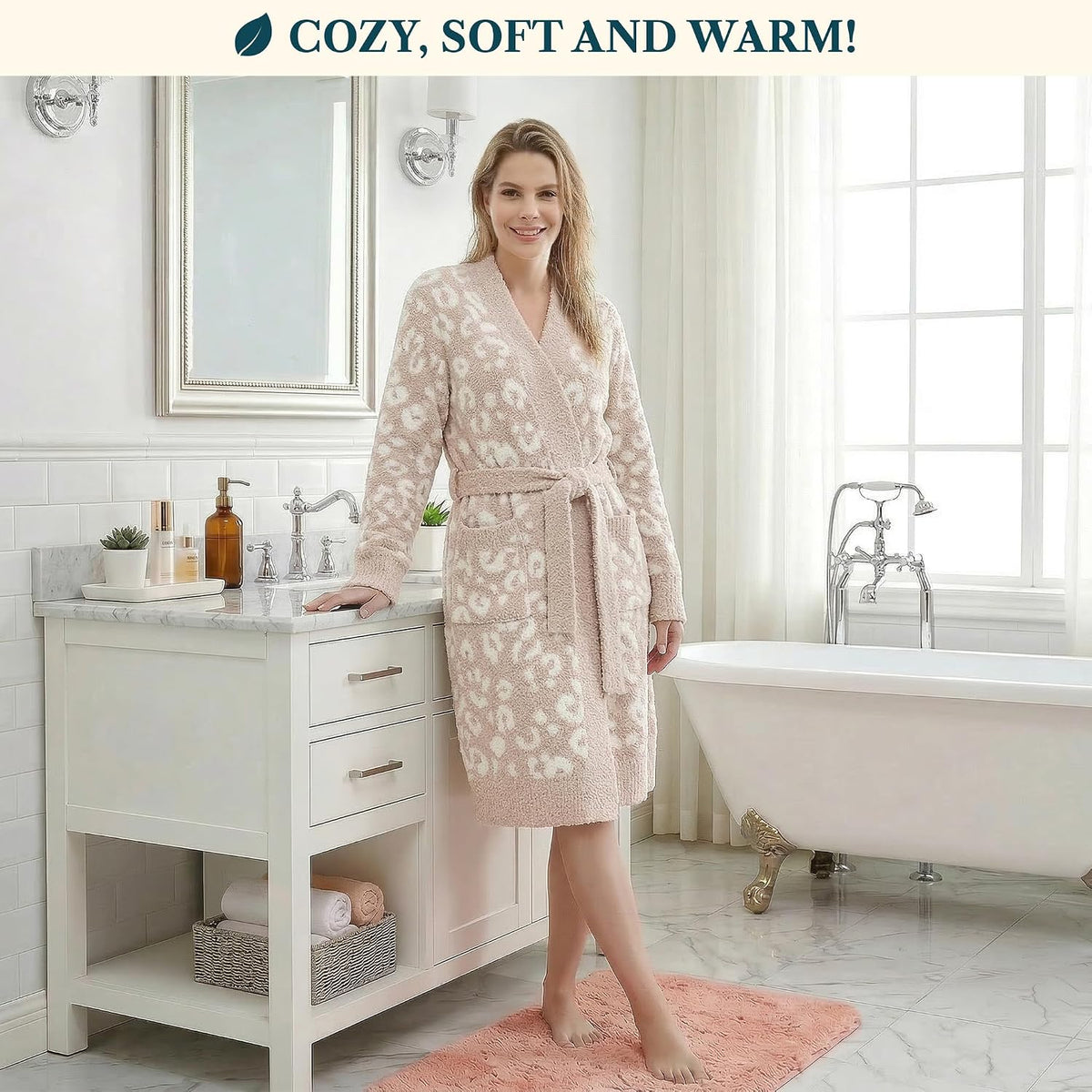 Premium Plush Robe for Women, Soft Cozy Fuzzy Bathrobe with Pockets, Warm Mid-Length Lounge Robe with Tie Belt