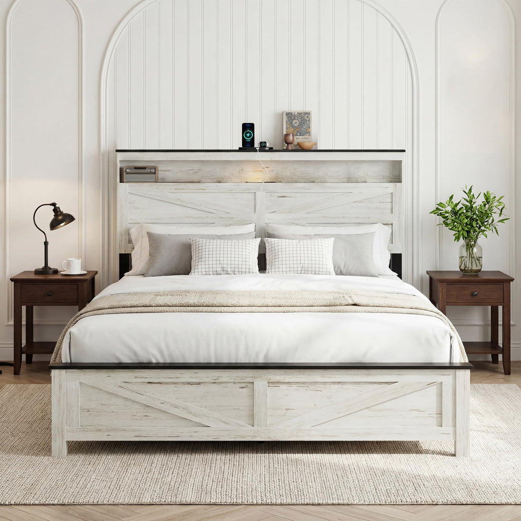Farmhouse Bed Frame with LED Headboard Storage
