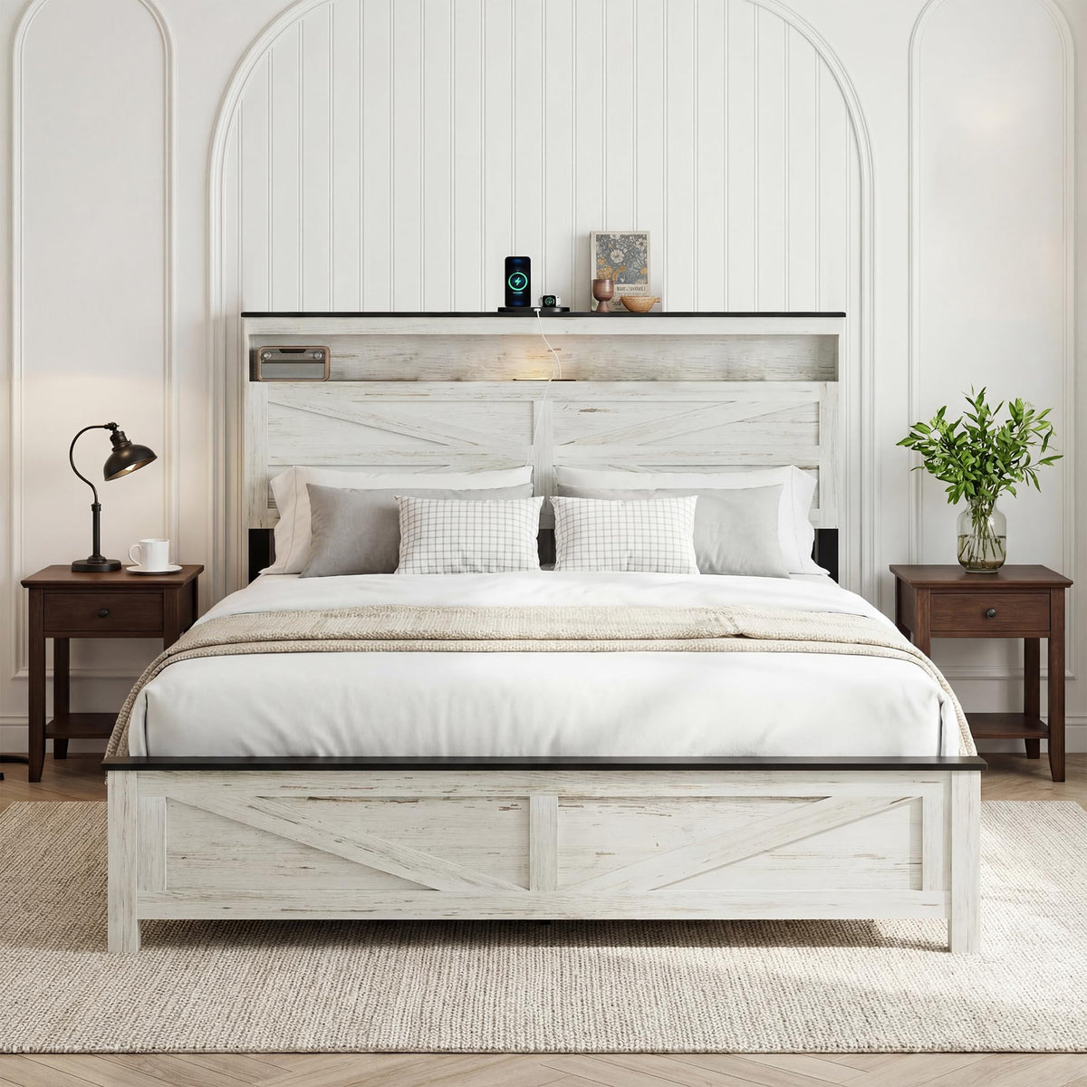 Farmhouse Bed Frame with LED Headboard Storage