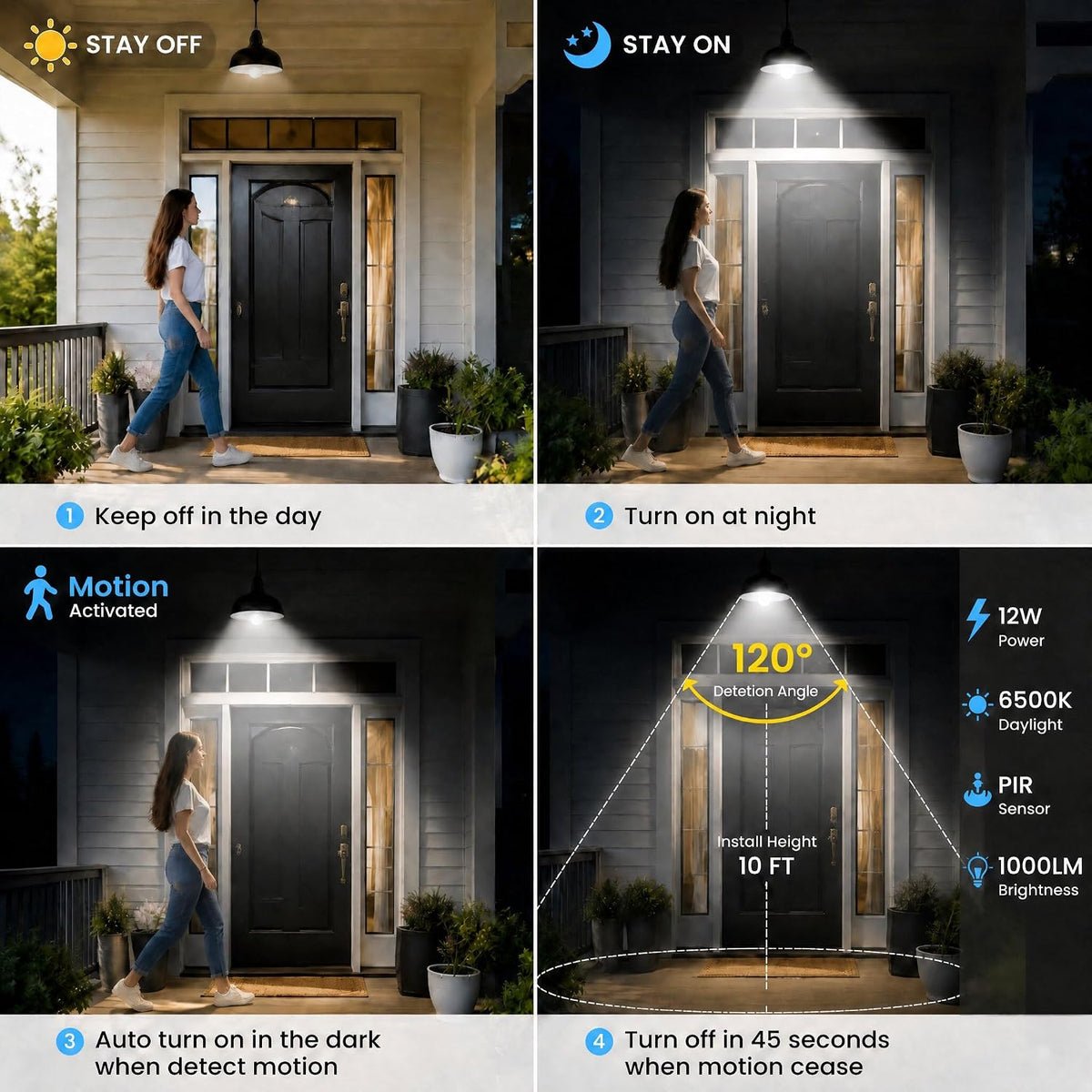 12W Motion Sensor Led Light Bulbs, 100W Equivalent E26 6500K 1000Lm