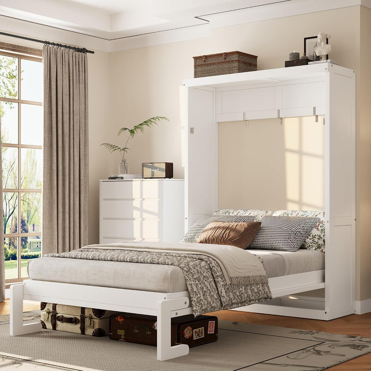 Twin Farmhouse Murphy Bed,Solid Wood Folding Vertical Murphy Wall Bed Cabinet for Bedroom Office,Space-Saving