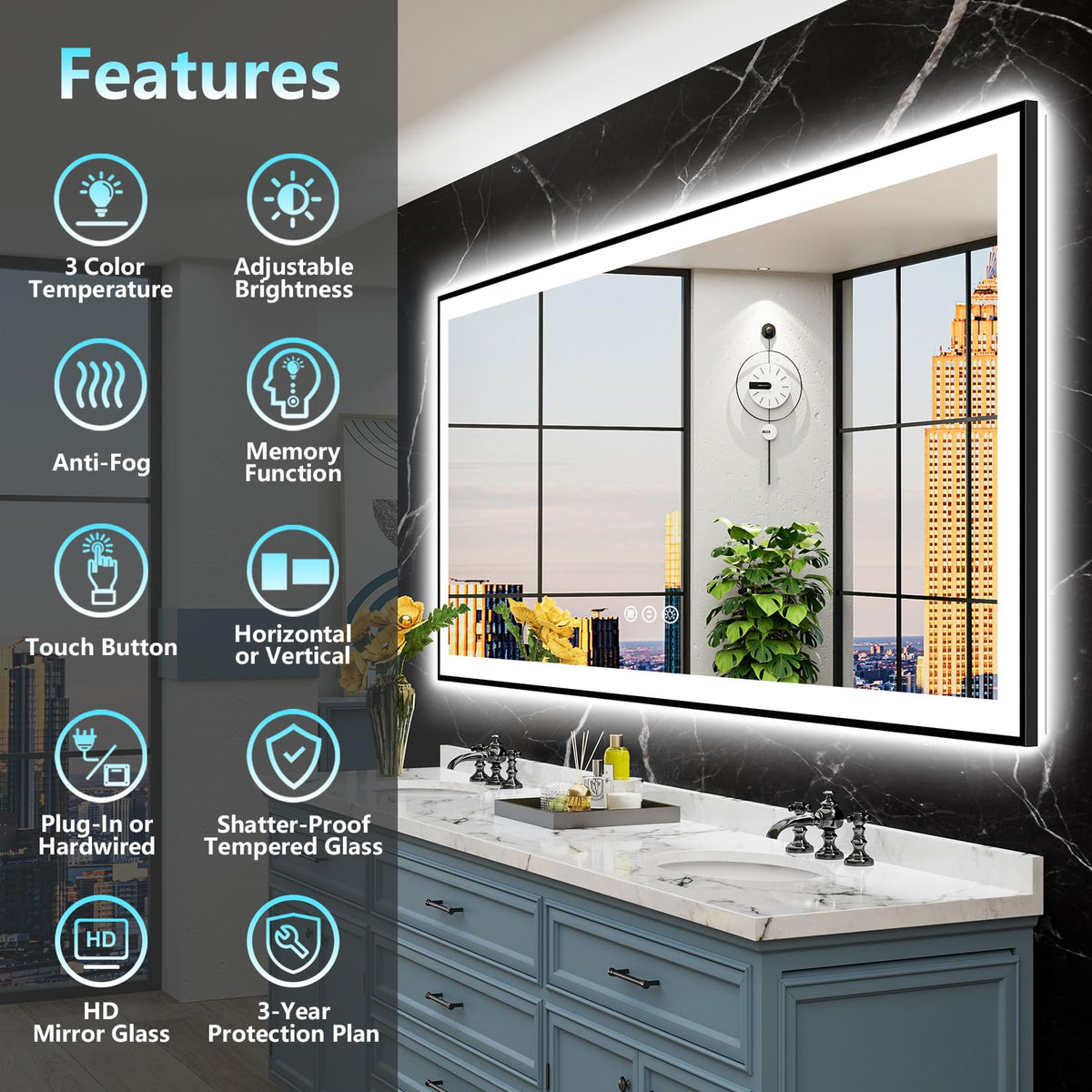 72x40 Black LED Bathroom Mirror, Backlit & Front Lit Lighted Mirror