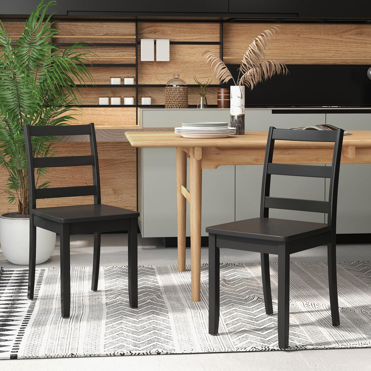 Wood Dining Chairs Set of 4 Black- Wooden Armless Kitchen Chairs with Solid Rubber Wood Legs, Non-Slip Foot Pads, Max