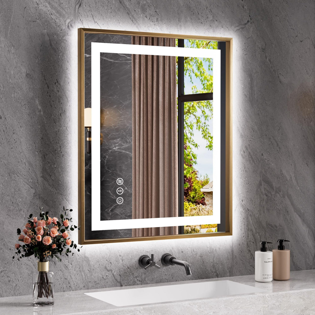 36"X30" LED Bathroom Mirror with Front Lit and Backlit(Brushed Gold)