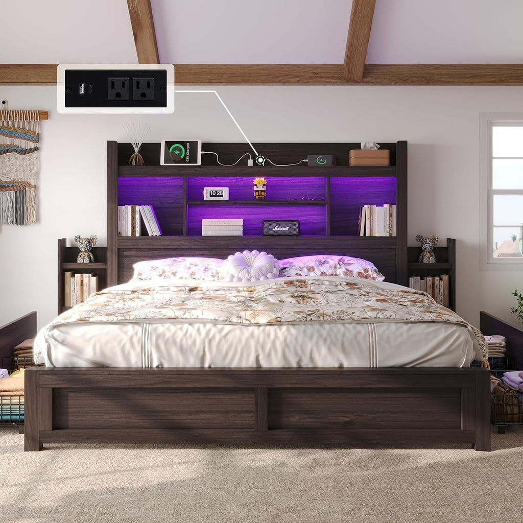 Bed Frame with Bookcase Headboard & Storage, Rustic, Black
