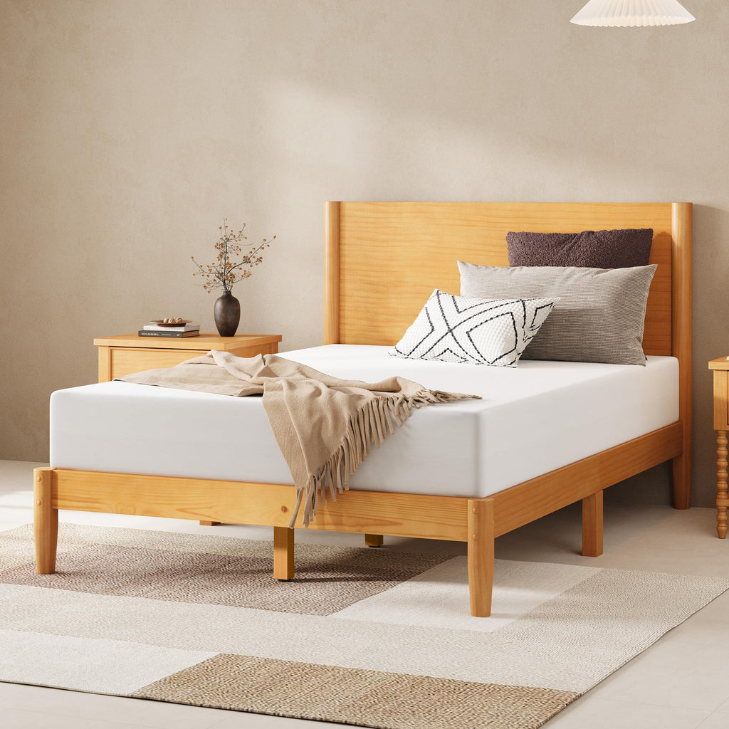 Solid Wood Full Bed Frame, Mid Century Bed with Headboard, Natural