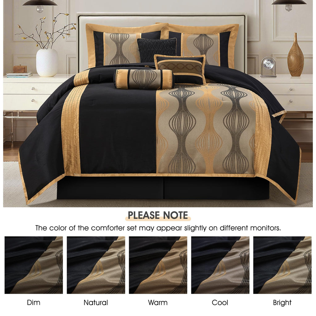 King Comforter Set, Black Gold, 7 Pieces Bed in a Bag, Ultra Soft Jacquard with Solid Piecework, Luxury Bed Set with