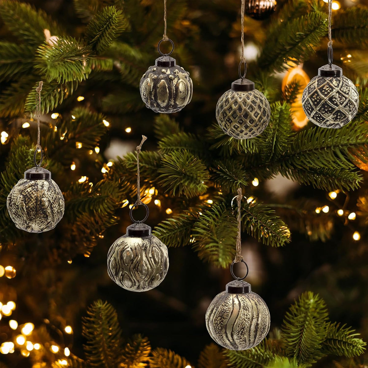 Farmhouse Ball Ornaments (Set of 6, 2", Antique Gold); Distressed Metal Tin Glass Ball Vintage Style