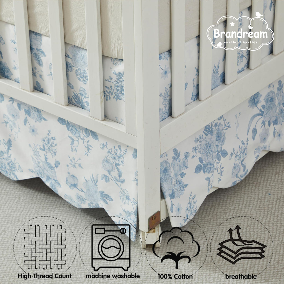 Scallop Edge Cotton Crib Skirt, Baby Girl, French Country Blue Toile Crib Skirt Toddler Bedskirt Farmhouse Chic