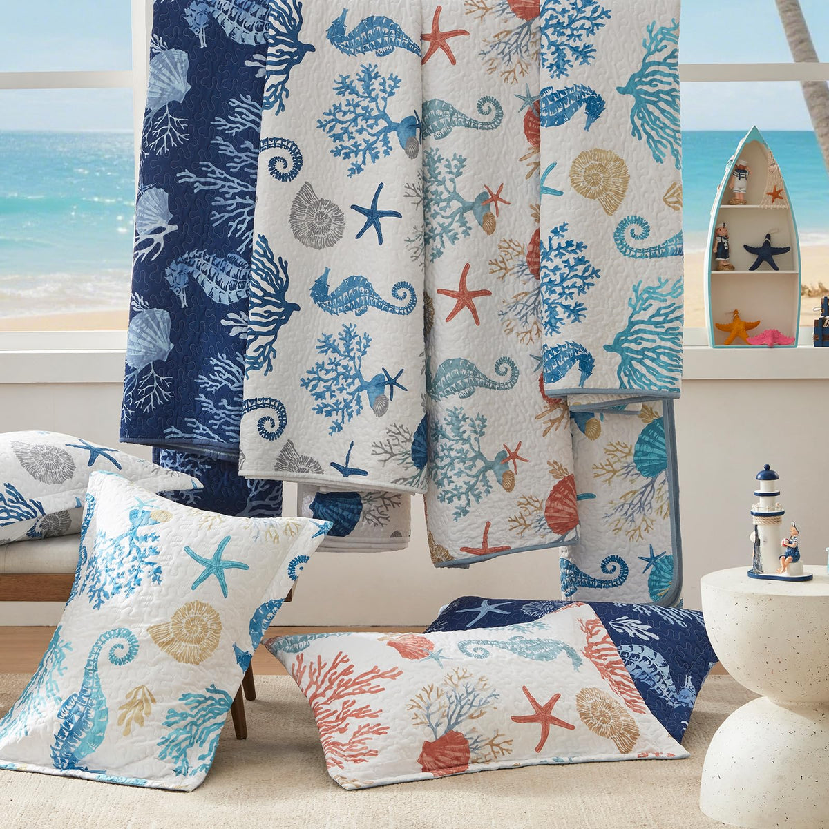 Coastal Quilt Set - Lightweight Microfiber Reversible Bedspread, 98''x106'', Navy, Includes 2 Shams
