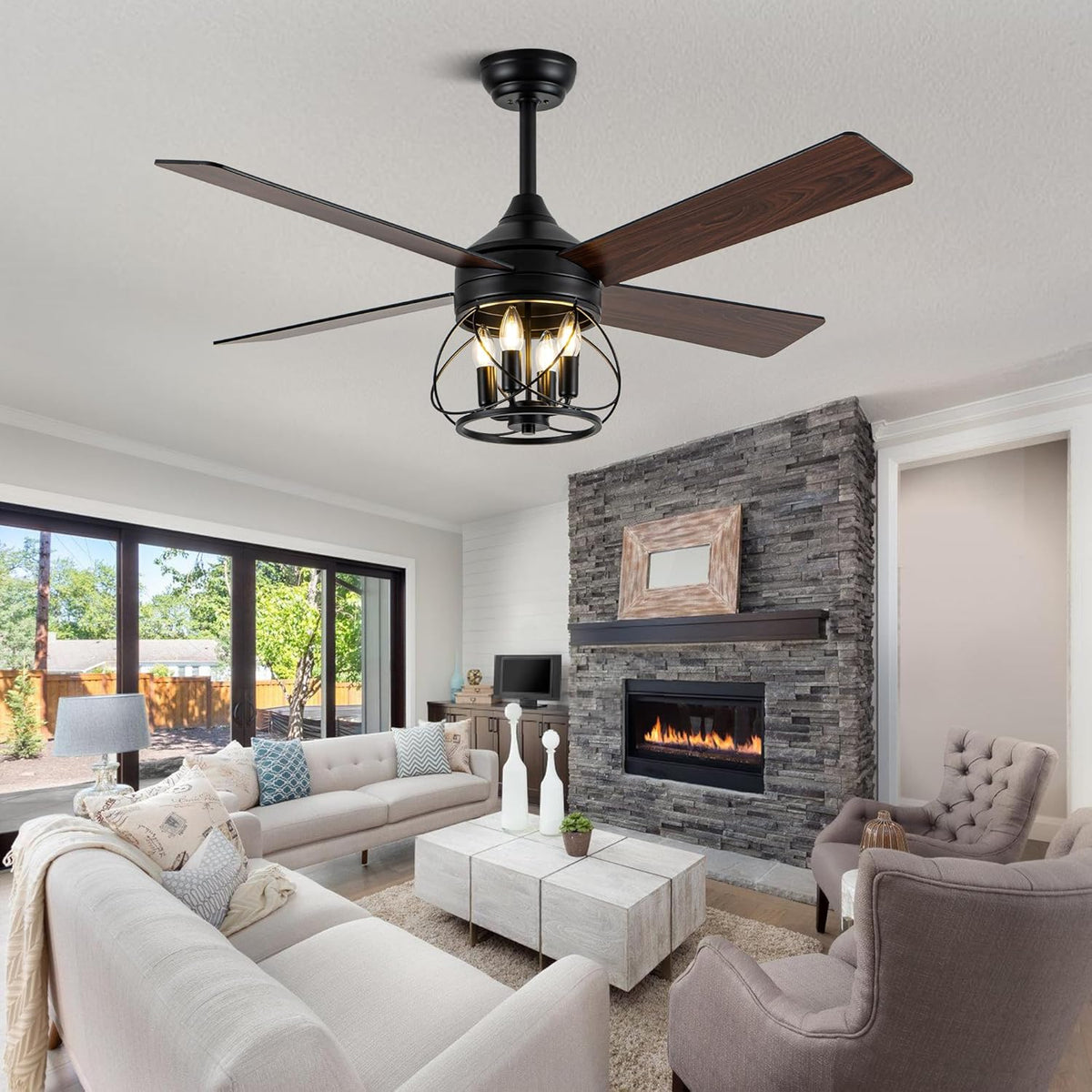 52" Wood Caged Ceiling Fan with Light