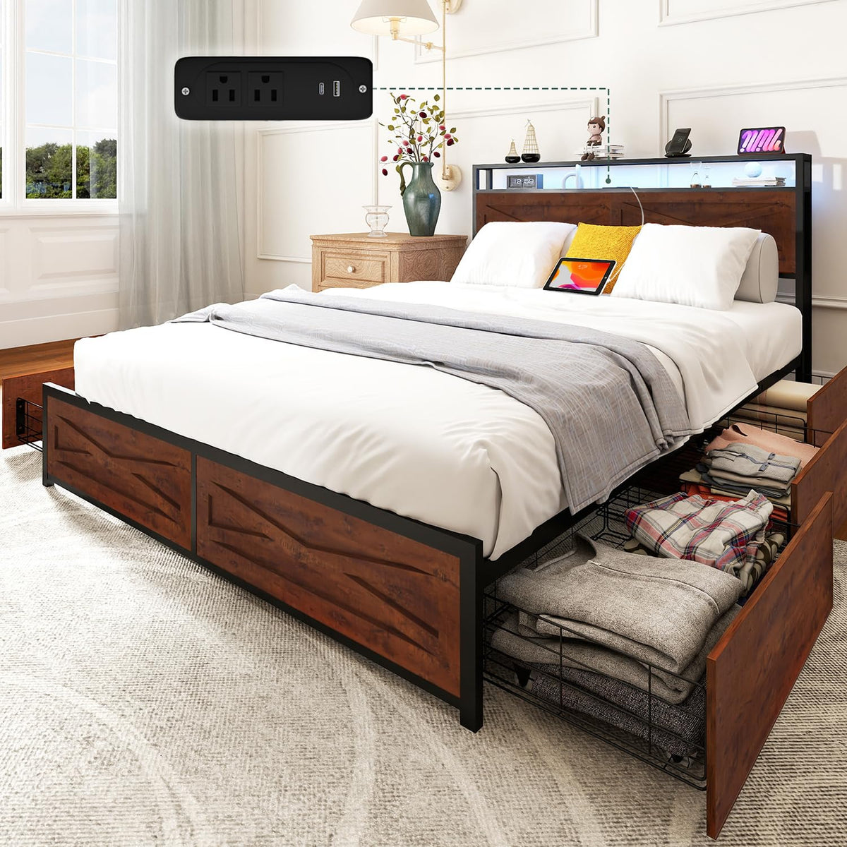 LED Bed Frame with 6 Storage Drawers, Farmhouse Headboard w/Charging Ports Station - Size Platform Bed Frame