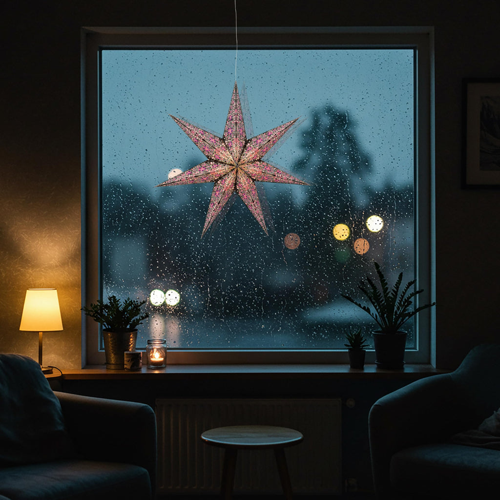 Inspired Noguchi Style Cathedral Paper Lantern Star Light - 7 Point Ø 24 inch - Black/Pink with Violet/Turquoise Tissue Inlay