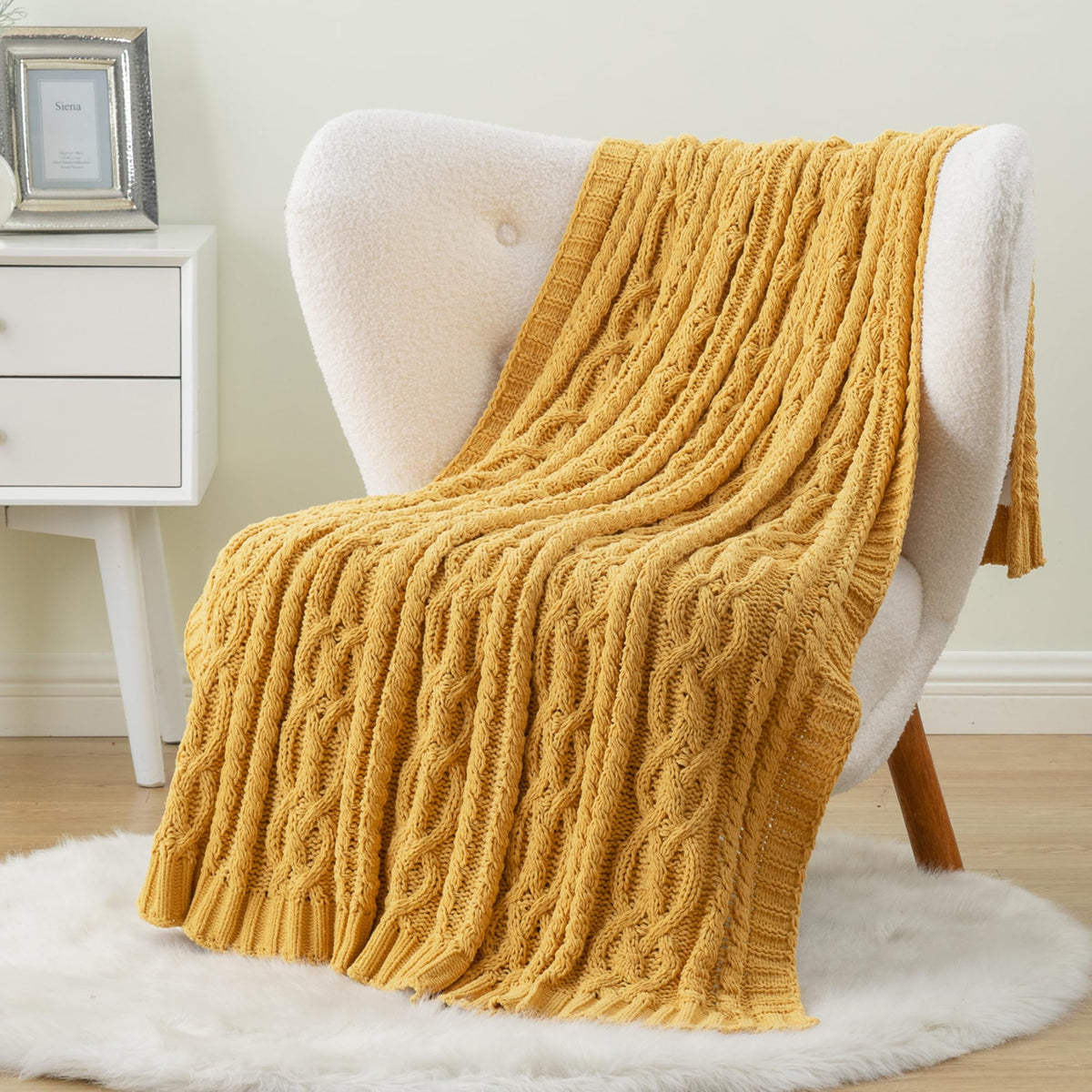Mustard Yellow Throw Blanket 51"x67" Chenille Knitted Throw Blanket for Couch, Gold Throw Blankets Decor, Summer Fall