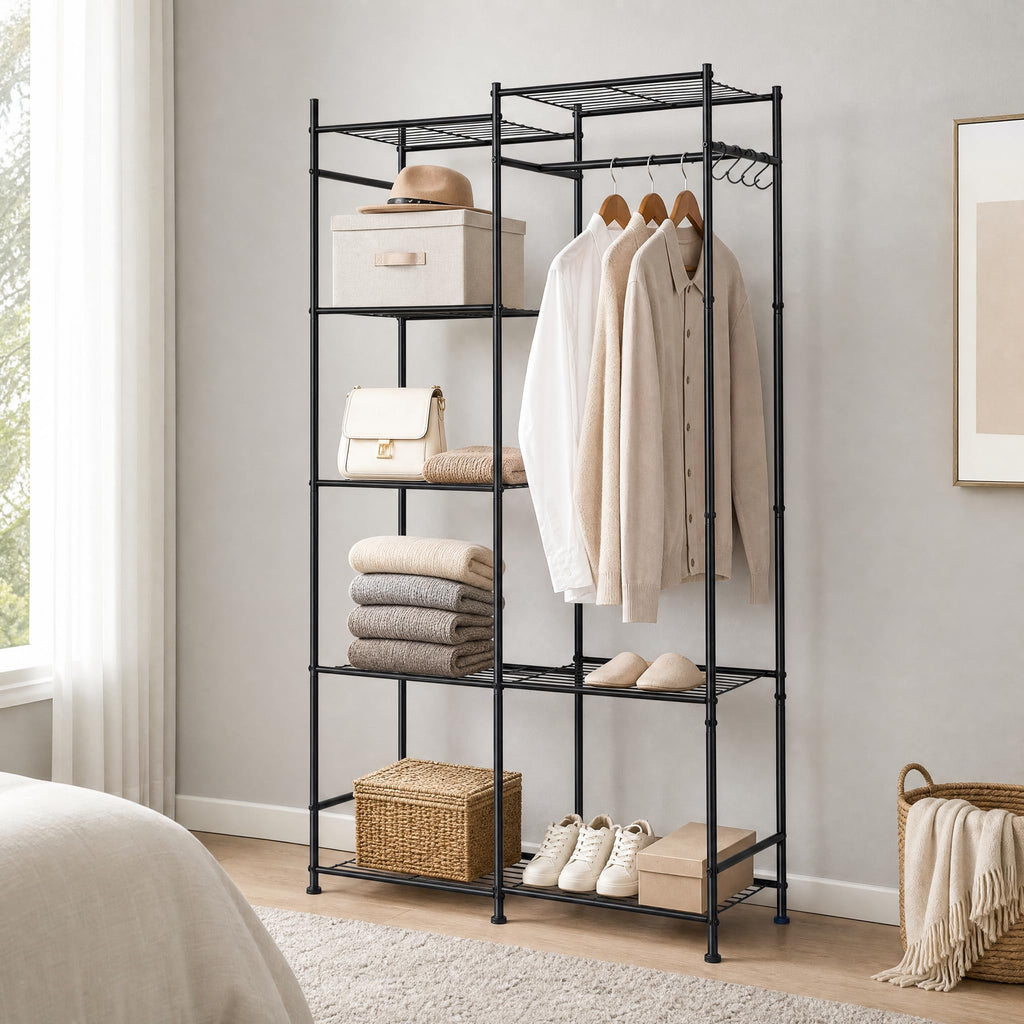 Sturdy Portable Closet with 8 Shelves & Hanging Rod, Black