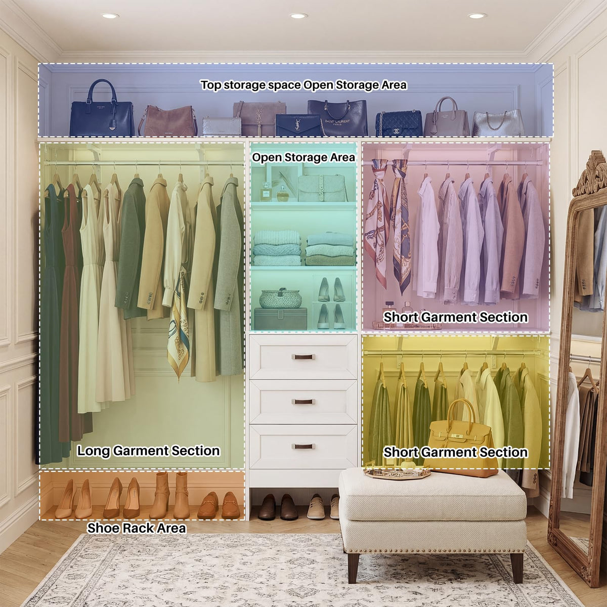 8FT Closet System with 3 Curved Drawers, 96'' Wooden Walk-in Closet Organizer with 3 Top Shelves, Adjustable