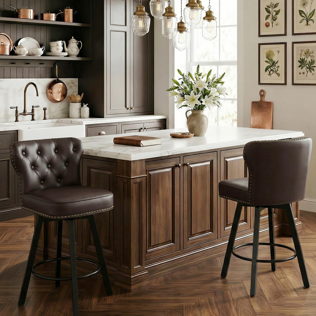 Counter Height Bar Stools Set of 2, 26" Mid-Century Swivel Bar Stool with Metal Base Island, Rivet Armless Faux PU
