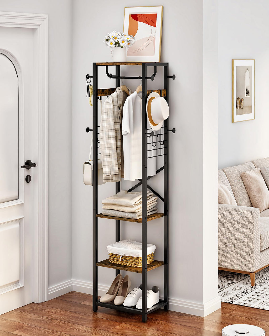 Coat Rack with Shelves, Freestanding Hall Tree, Coat Tree with 16 Hooks and Hanging Rail, Industrial Clothes Stand