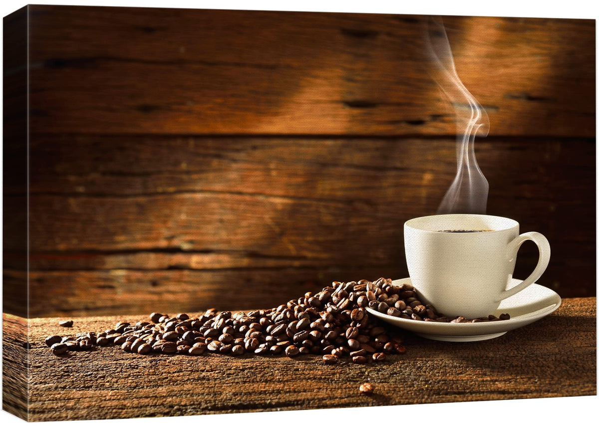 Canvas Print Wall Art Cafe Espresso on Bed of Coffee Beans with Wood Grain Fruit Food Photography Realism Chic Scenic