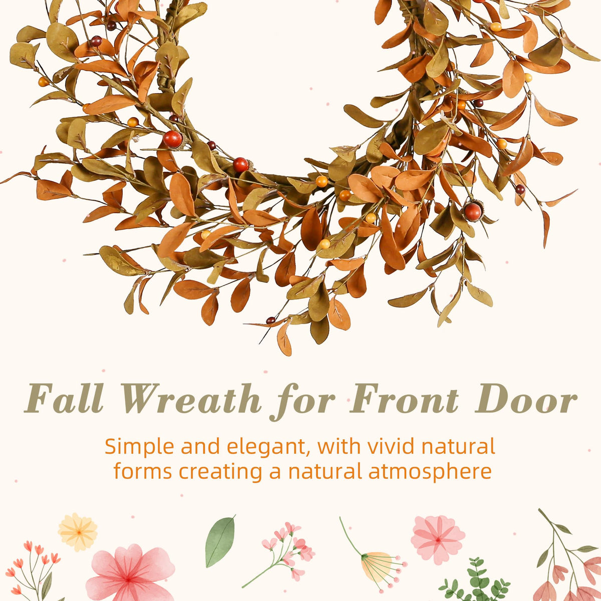 20" Fall Wreath for Front Door, Brown Eucalyptus and Berry Decor