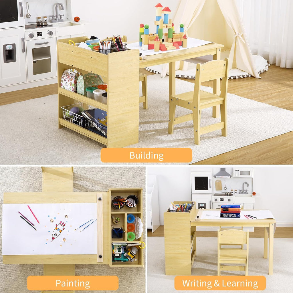 Kids Art Table with 2 Chairs Set, Toddler Craft Desk with Storage Shelves, Drawing Table with Paper Roller Yellow