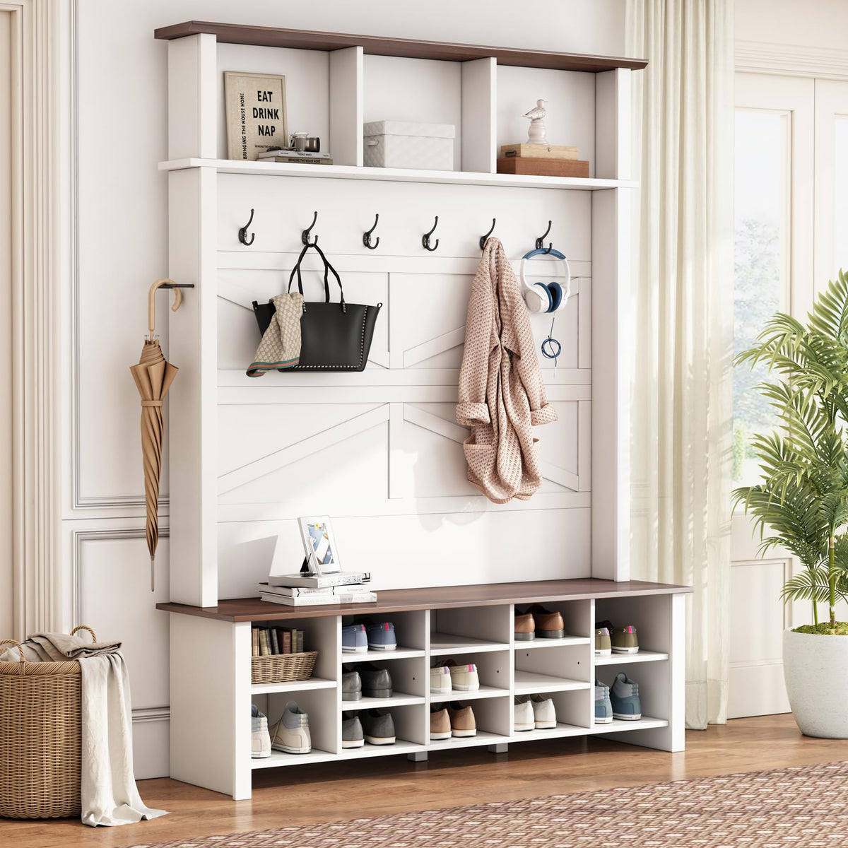 Farmhouse Wood Hall Tree with 6 Hooks and Entryway Shoe Bench, White
