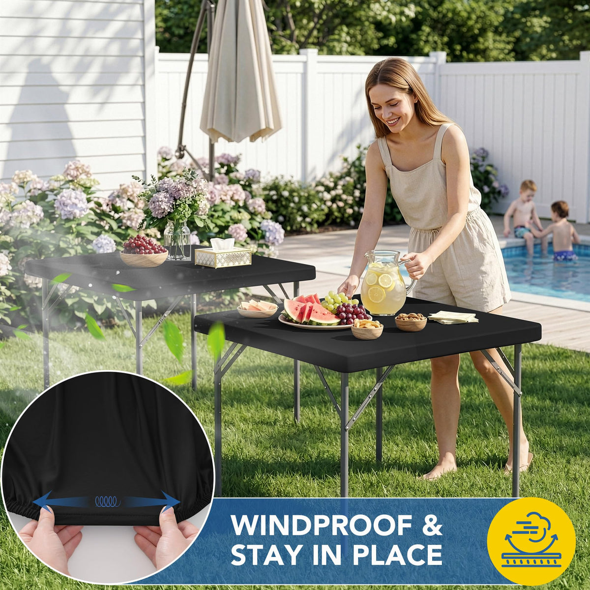 Card Table Covers Square Fitted Elastic Table Cloth-2 Pack Black 42x42 Inch