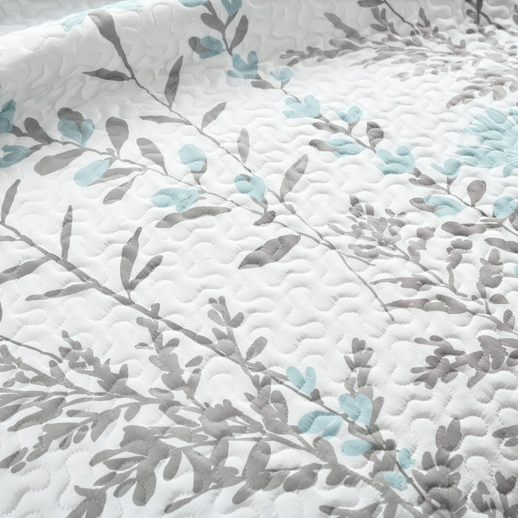 Aprile Reversible Floral Quilt 3 Piece Set, Blue & Gray - Bedding Set - Floral Quilt - Cottage