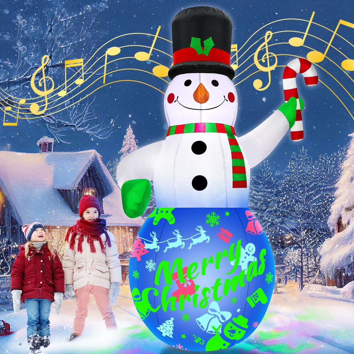 7Ft Christmas Inflatables Snowman Built-in Music Box & Rotating Colorful LED Lights, Christmas Inflatable Decoration