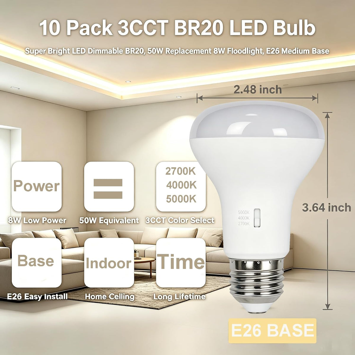 10 Pack 3CCT BR20 LED Bulb, Warm White 2700K LED Dimmable 4000K 5000K BR20 50 Watt 60W Replacement 8W Floodlight LED
