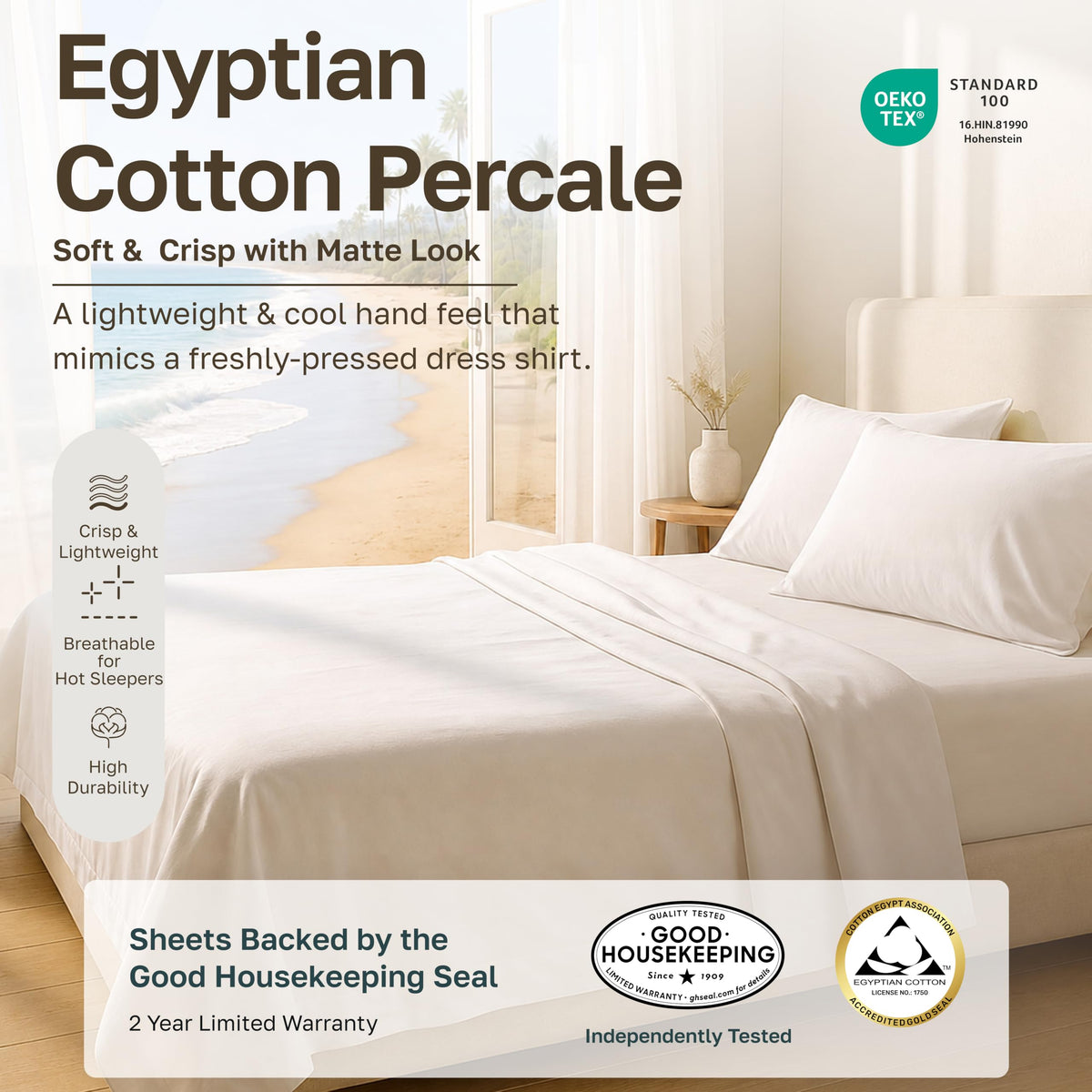 100% Egyptian Cotton Sheets, 4 Pcs, Beige
