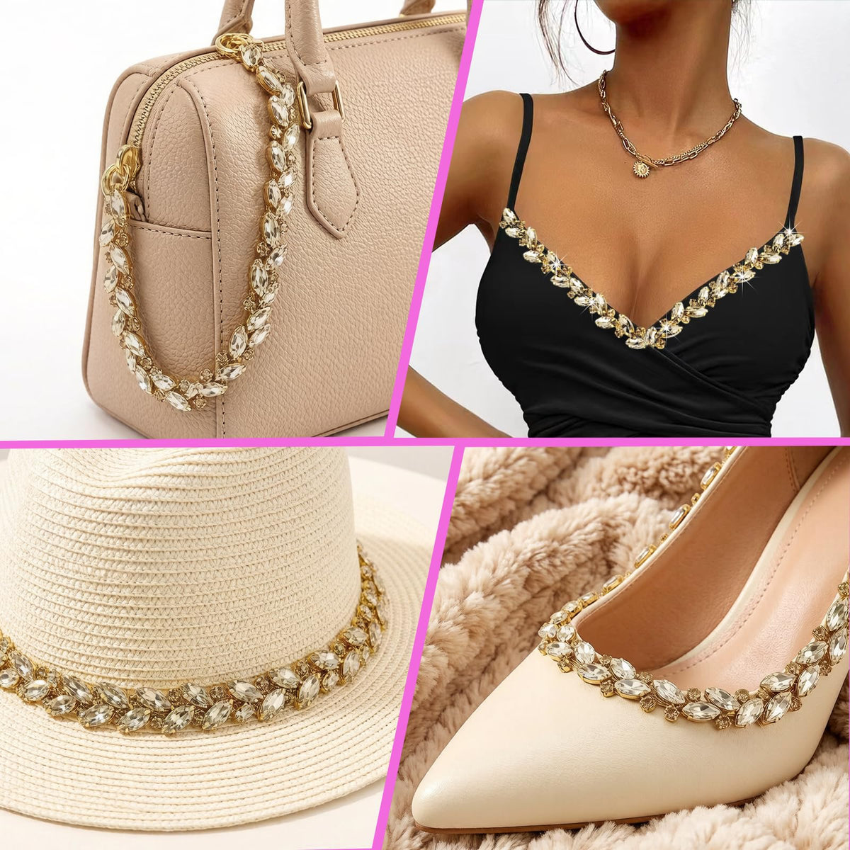 Rhinestone Trim Diamond Crystal Rhinestone Strap Chain Sparkly Applique for Wedding Party Decoration & Bridal - 2 Yards