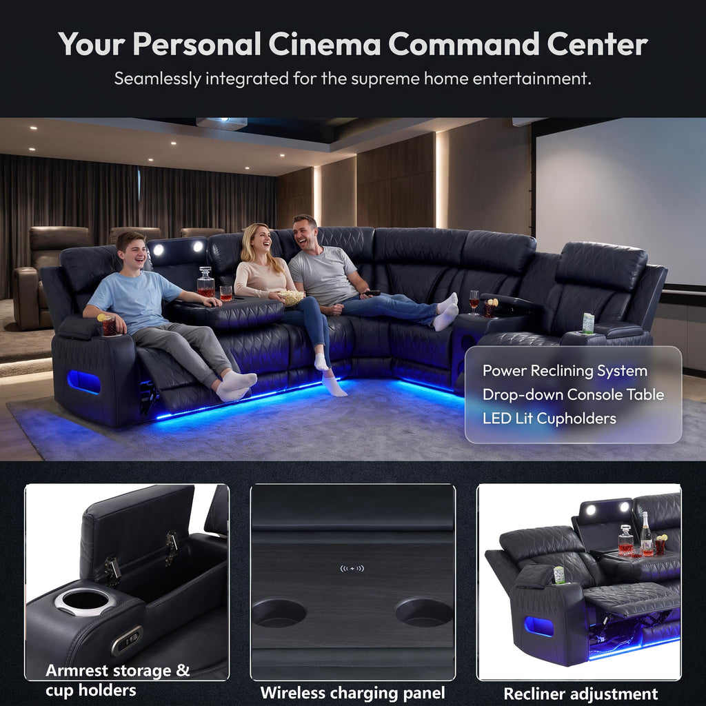 Breathable Leather Power Recliner Sectional Sofa, Bass Speakers, Cup Holder & Storage Console Home Theater