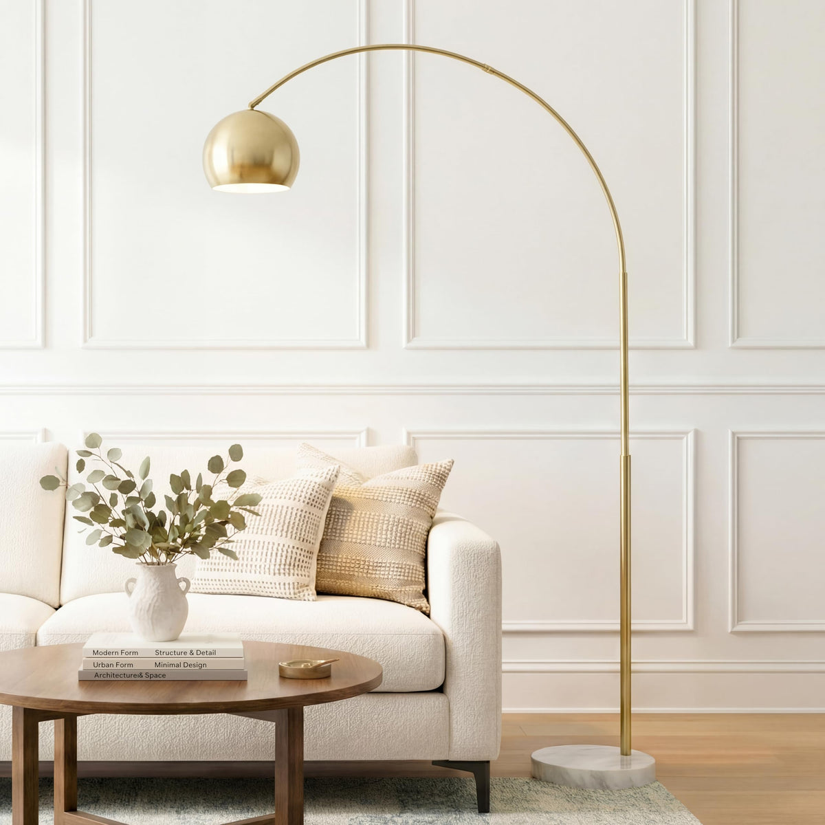 Inspired Arco Style Olivia Floor Lamp - Chic Arc Lamp with Rounded Spolight Head and Marble Base, Tall Standing Lamp with LED Light Bulb