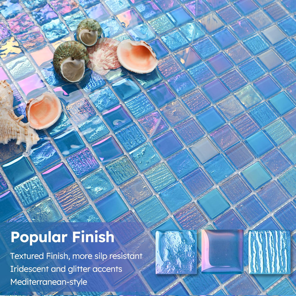 Pool Glass Mosaic Tiles, Iridescent Blue, 1 Inch Sqaure, 5 Sheets