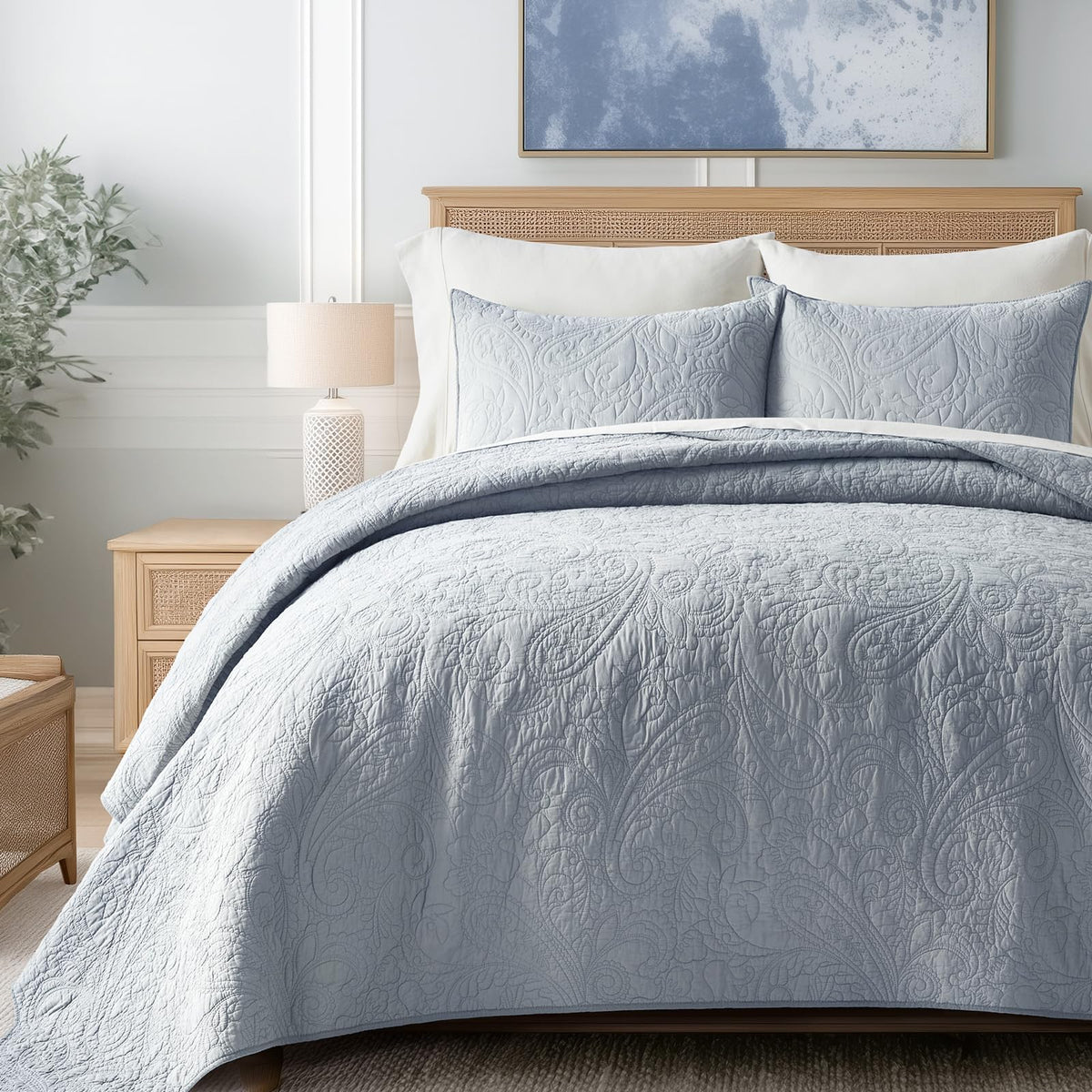 100% Cotton Paisley Quilt Set, King Size, Pearl Blue